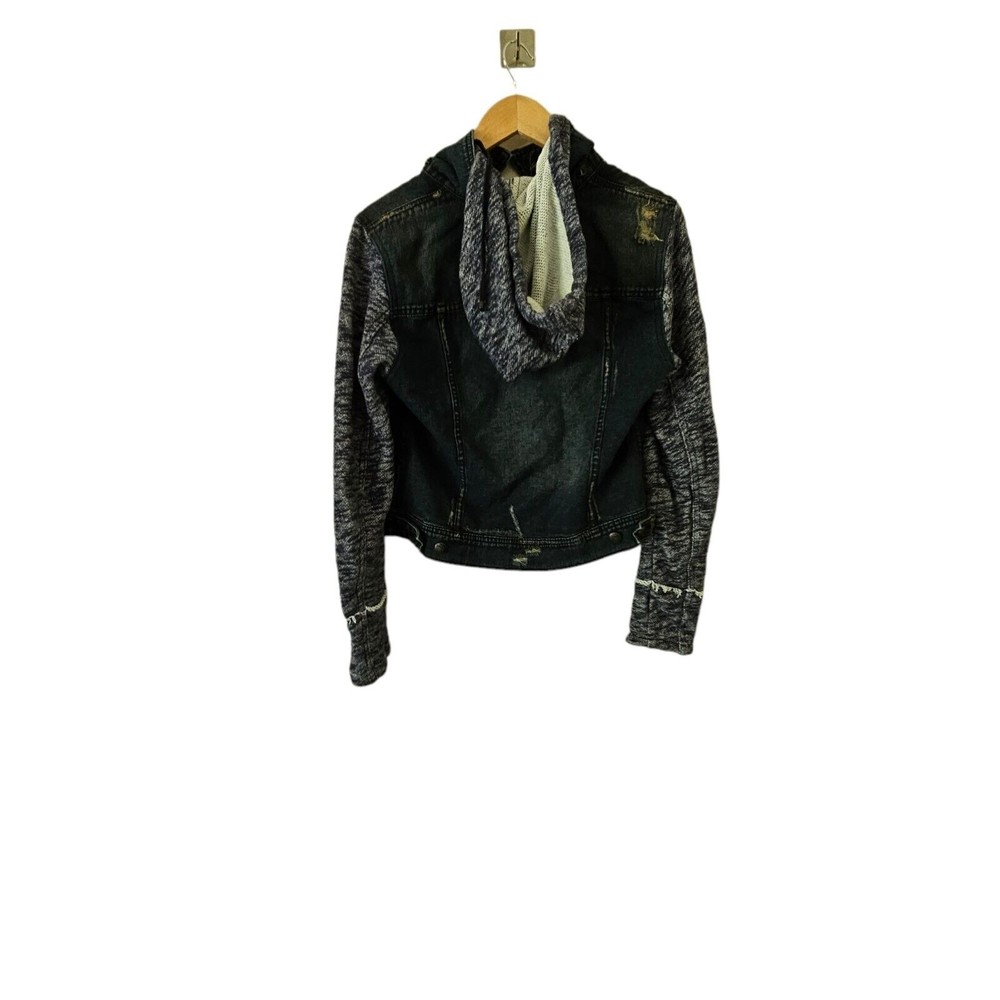 Free People Distressed Denim Jacket Knit Sleeves And Hood Women's Size Medium - Picture 3 of 4